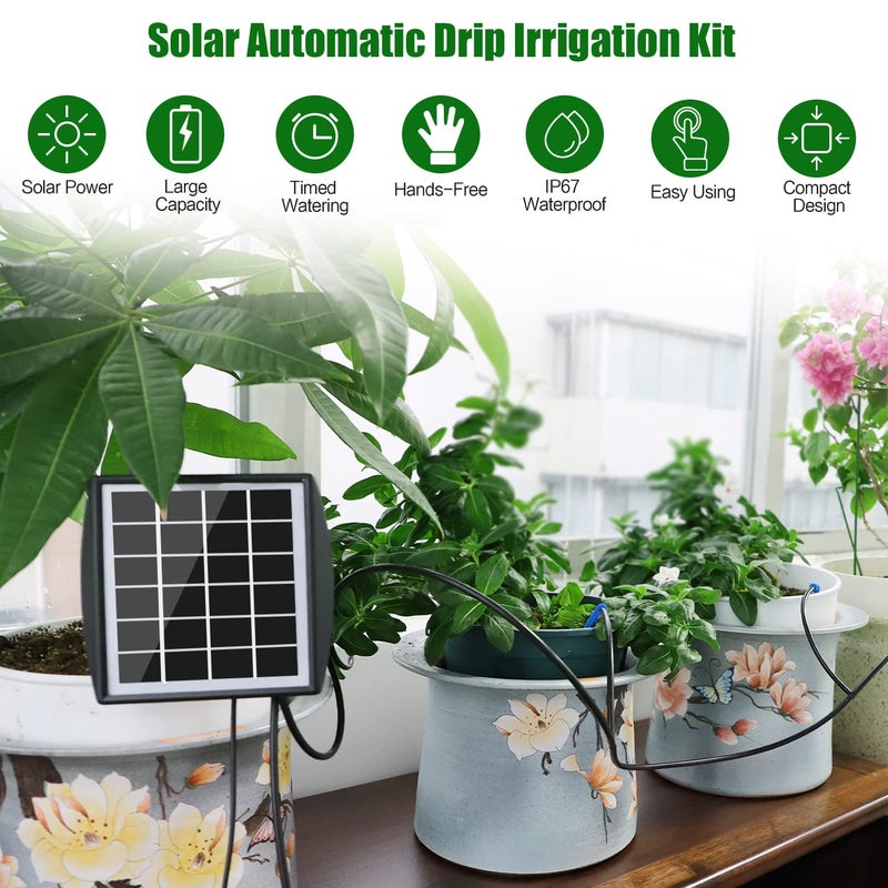 JIYANG Solar Automatic Drip Irrigation Kit System, Solar Powered Auto Easy DIY Watering Device Supported Pots Plants, 6 Timing Modes with Anti-Siphoning Device (Supported 10 Pots, 6Timing Modes) - Image 2